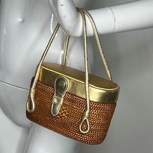 Elliot Lucca Tightly Woven Straw and Gold Leather Small Structured Basket Bag
